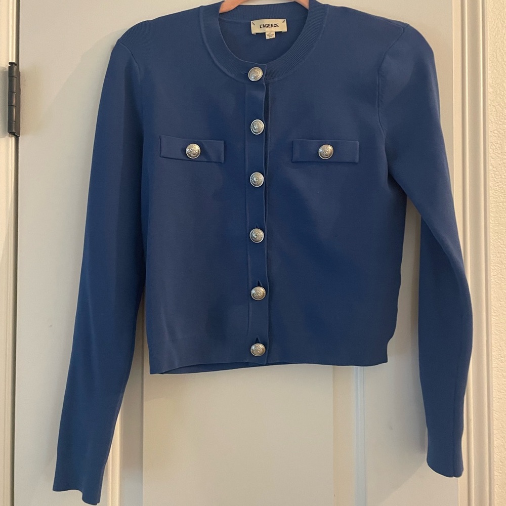 L'Agence Women's Navy Button-Front Cropped Sweater